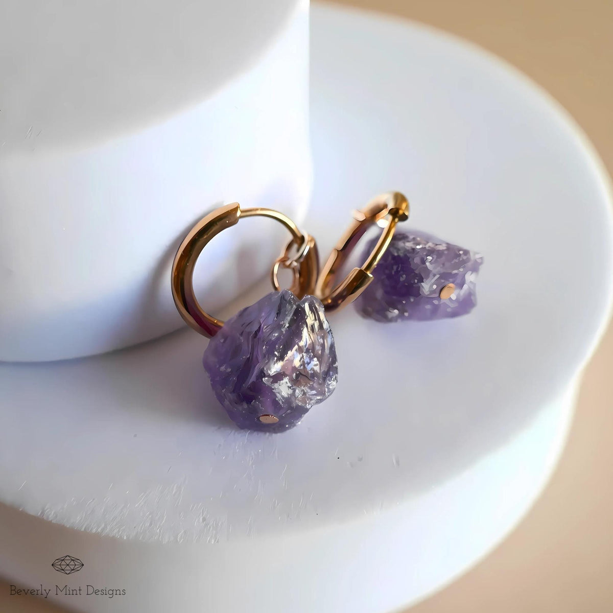 Raw Amethyst Huggie Hoop Earrings, Rose Gold February Birthstone, Chakra Stone Jewelry