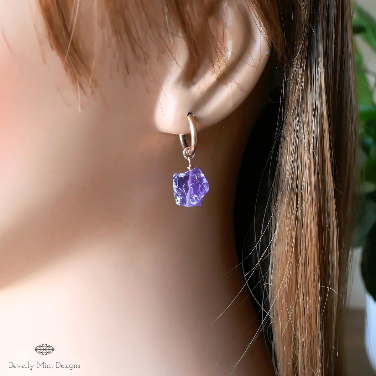 Raw Amethyst Huggie Hoop Earrings, Rose Gold February Birthstone, Chakra Stone Jewelry