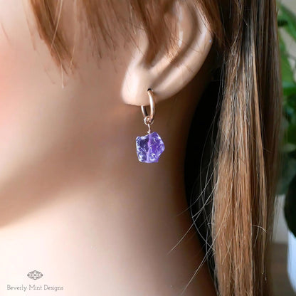 Raw Amethyst Huggie Hoop Earrings, Rose Gold February Birthstone, Chakra Stone Jewelry