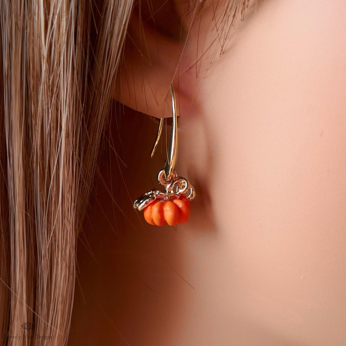 Pumpkin Earrings, Fall Dangle Earrings, Halloween Jewelry, Autumn Gold Earrings, Cute Pumpkin Charms, Sensitive Ear & Clip-On Options