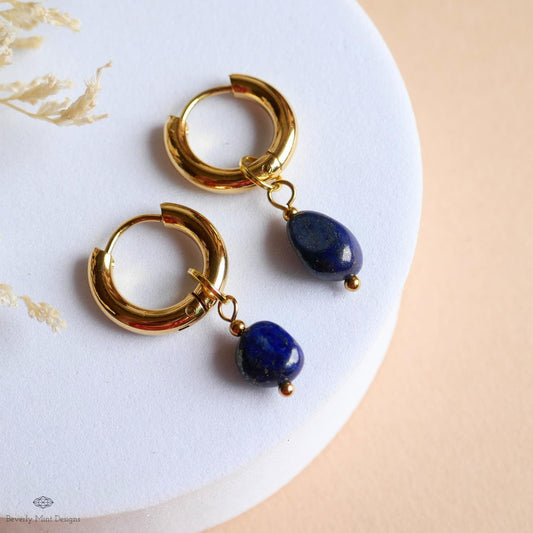 Lapis Earrings, Gold Chunky Huggie Hoop Earrings, Blue Gemstone Drop Earrings, Lapis Lazuli Jewelry, Minimalist Gold Hoops, Blue Earrings