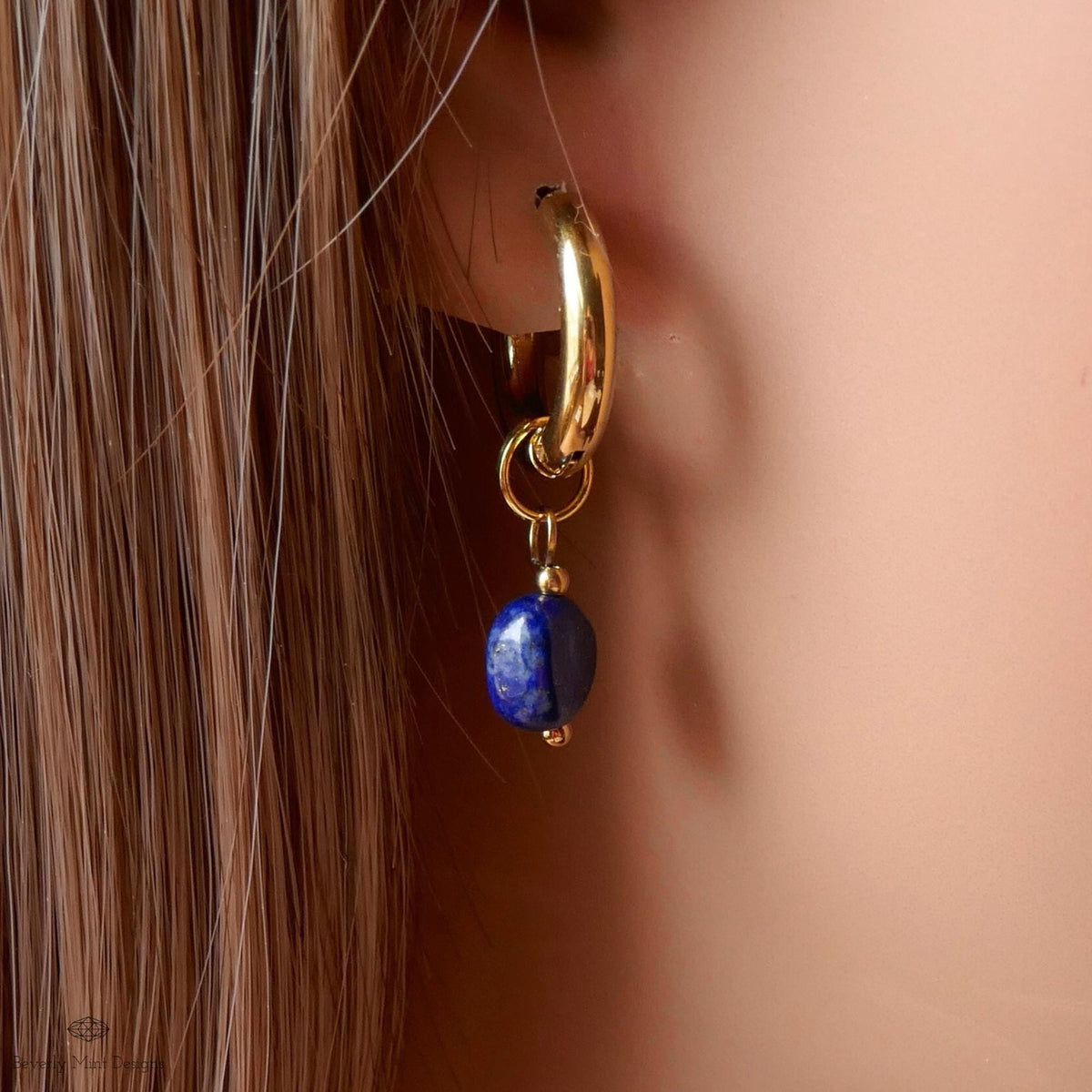 Lapis Earrings, Gold Chunky Huggie Hoop Earrings, Blue Gemstone Drop Earrings, Lapis Lazuli Jewelry, Minimalist Gold Hoops, Blue Earrings