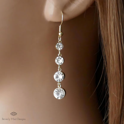 18K Gold Dangle Earrings with Cubic Zirconia, Bridal Drop Crystals, Sensitive Ear & Clip-On Options