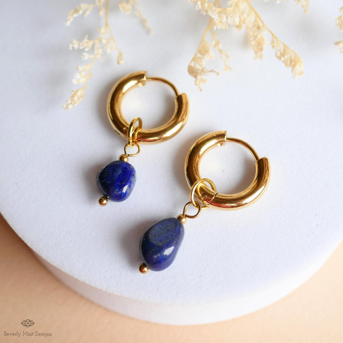 Lapis Earrings, Gold Chunky Huggie Hoop Earrings, Blue Gemstone Drop Earrings, Lapis Lazuli Jewelry, Minimalist Gold Hoops, Blue Earrings