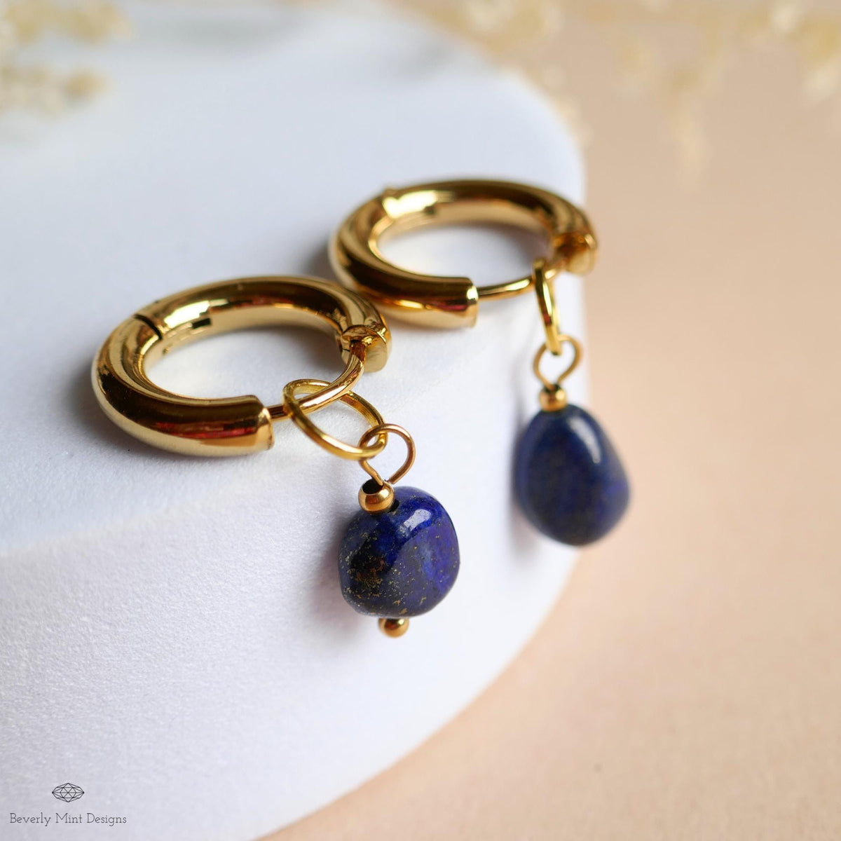 Lapis Earrings, Gold Chunky Huggie Hoop Earrings, Blue Gemstone Drop Earrings, Lapis Lazuli Jewelry, Minimalist Gold Hoops, Blue Earrings