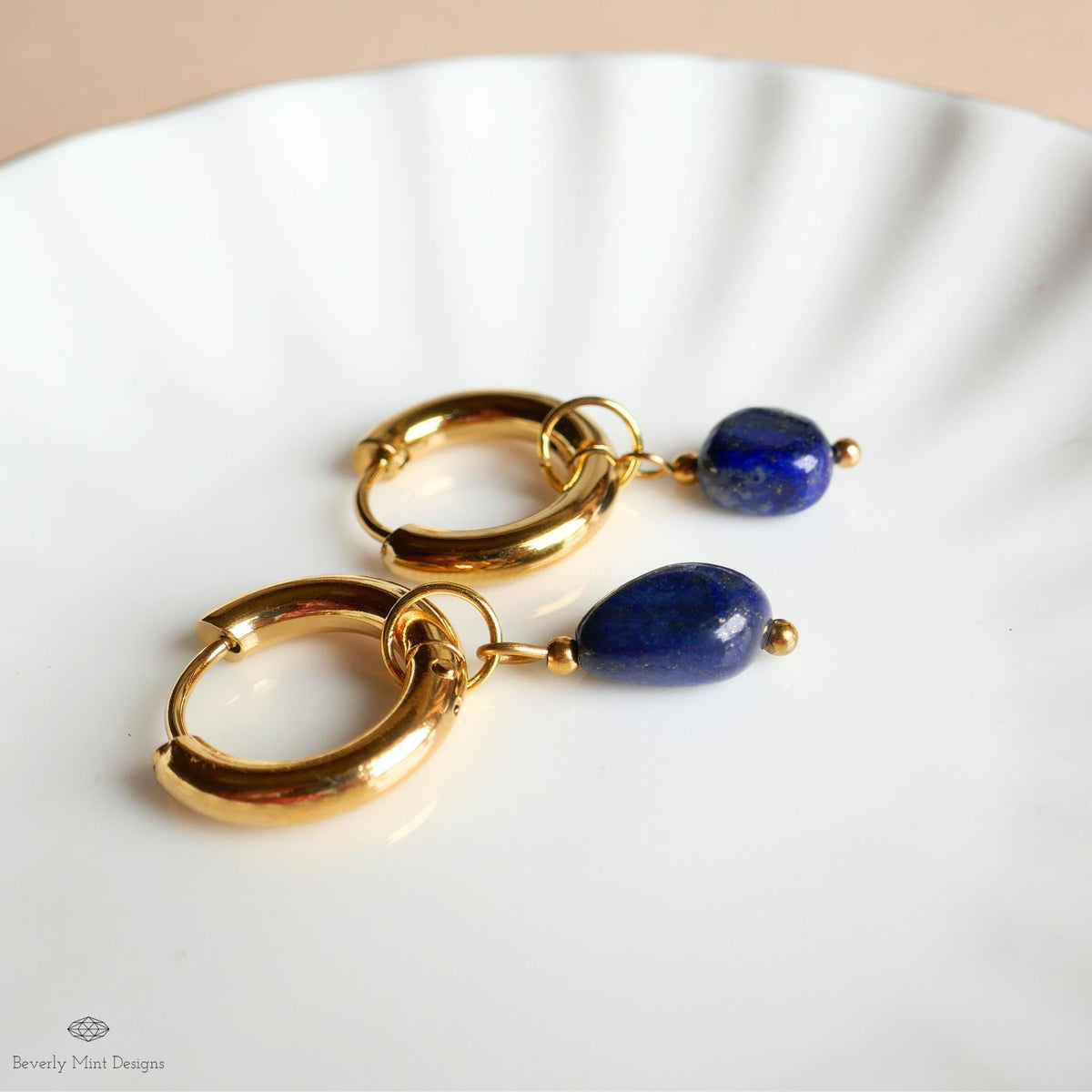 Lapis Earrings, Gold Chunky Huggie Hoop Earrings, Blue Gemstone Drop Earrings, Lapis Lazuli Jewelry, Minimalist Gold Hoops, Blue Earrings