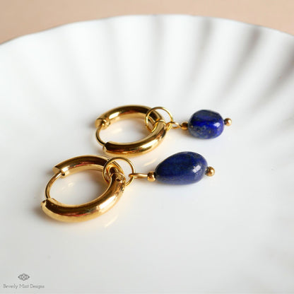 Lapis Earrings, Gold Chunky Huggie Hoop Earrings, Blue Gemstone Drop Earrings, Lapis Lazuli Jewelry, Minimalist Gold Hoops, Blue Earrings