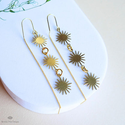 Gold Sunburst Earrings Celestial Drop Earrings Boho Sun Charm Jewelry Statement Dangle Earrings Modern, Sensitive Ear & Clip-On Options