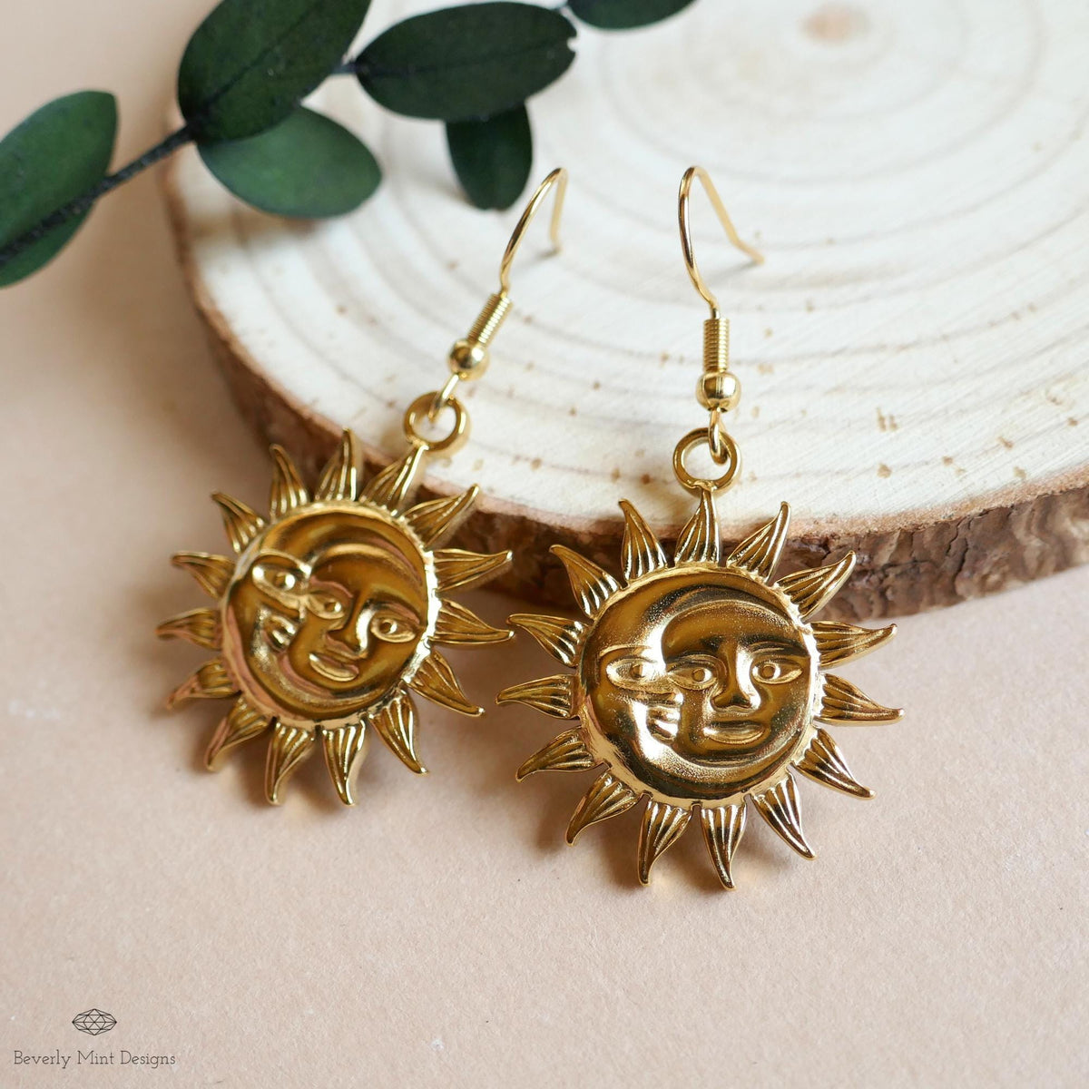 [Etsy 4306294084 image 1/7 id 7796689185] Celestial Sun and Moon Earrings Gold, Statement Sun Earrings, Bold Gold Earrings, Unique Gift For Her