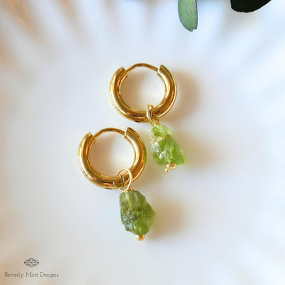 Raw Peridot Hoop Earrings, 18K Gold Plated Huggies, August Birthstone Jewelry