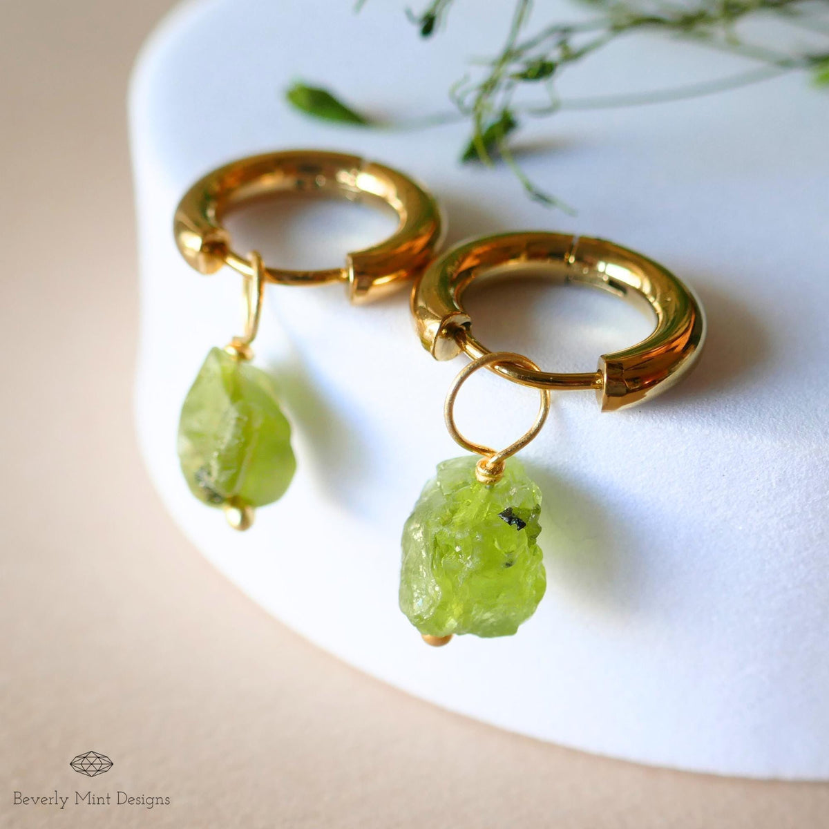 Raw Peridot Hoop Earrings, 18K Gold Plated Huggies, August Birthstone Jewelry
