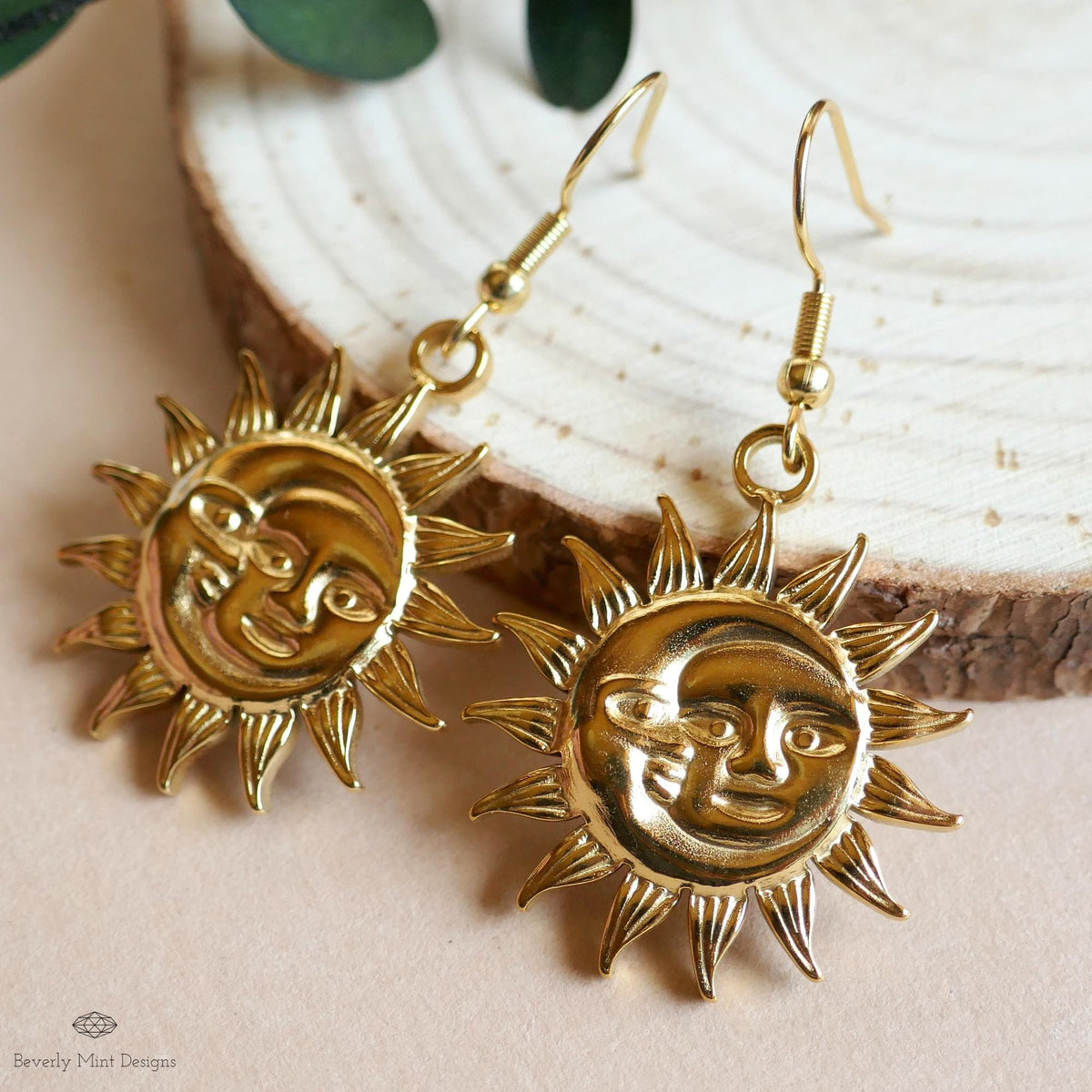 [Etsy 4306294084 image 5/7 id 7796689333] Celestial Sun and Moon Earrings Gold, Statement Sun Earrings, Bold Gold Earrings, Unique Gift For Her