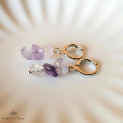 Amethyst Dangle Earrings, Purple Earrings Boho Jewelry, Chakras Stones , Irregular Natural Stone Earrings, Sensitive Ear & Clip-On Options