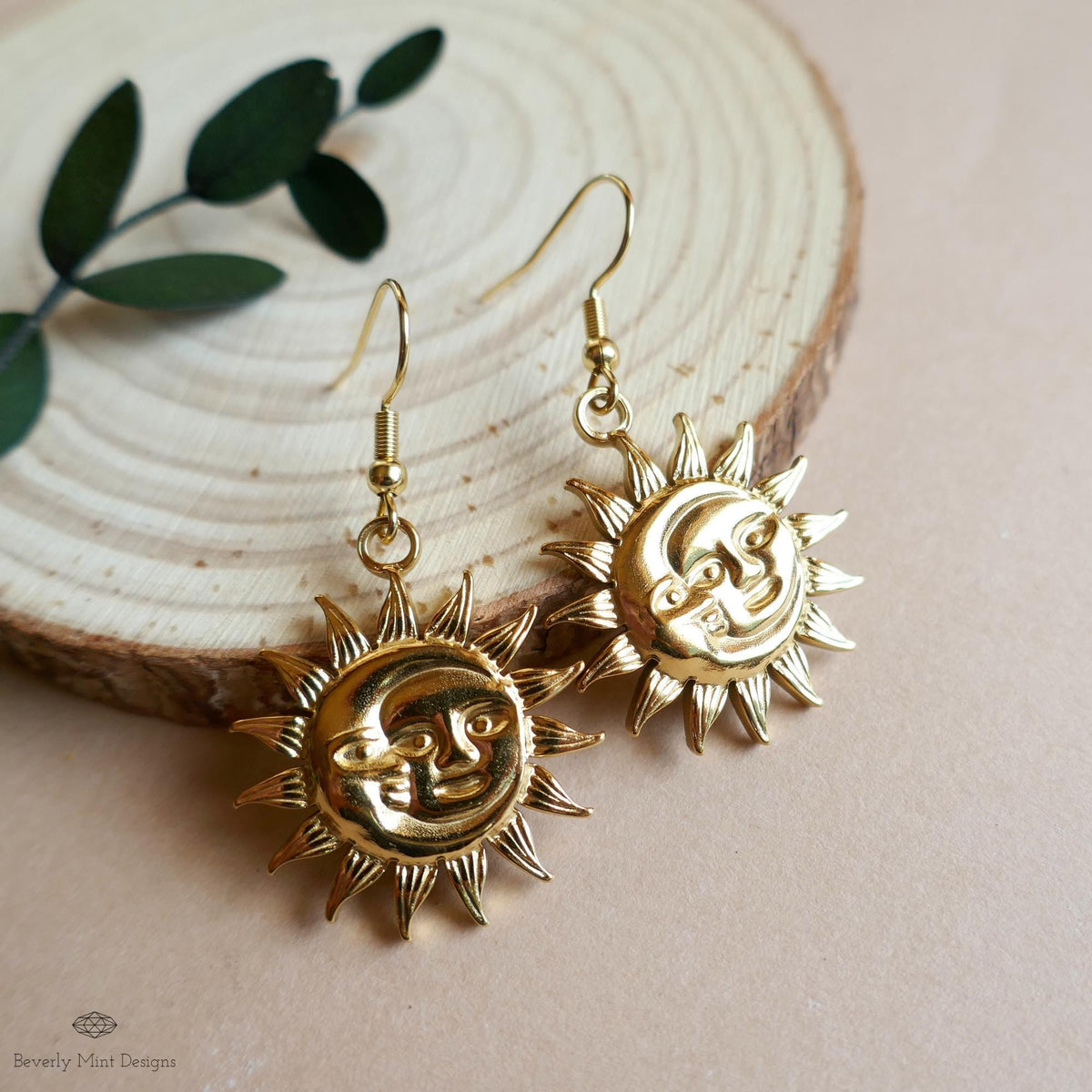 [Etsy 4306294084 image 6/7 id 7796689401] Celestial Sun and Moon Earrings Gold, Statement Sun Earrings, Bold Gold Earrings, Unique Gift For Her