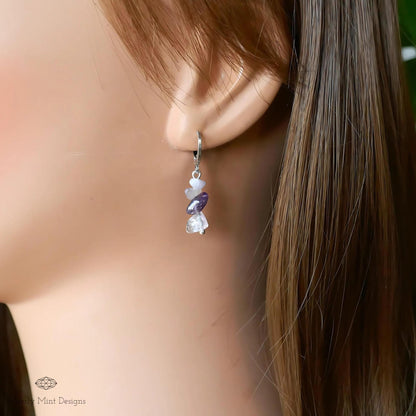 Amethyst Dangle Earrings, Purple Earrings Boho Jewelry, Chakras Stones , Irregular Natural Stone Earrings, Sensitive Ear & Clip-On Options