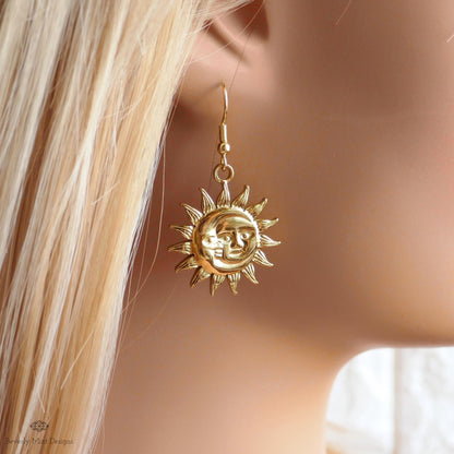 [Etsy 4306294084 image 7/7 id 7796689469] Celestial Sun and Moon Earrings Gold, Statement Sun Earrings, Bold Gold Earrings, Unique Gift For Her