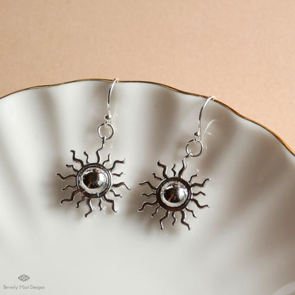 Silver Sun Earrings, Boho Sun Earrings, Bohemian Style Earrings, Silver Sunburst Dangle Earrings, Sensitive Ear & Clip-On Options