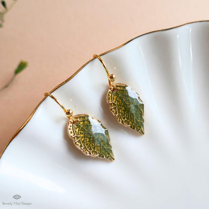 Green Leaf Earrings, Gold Botanical Dangles, Nature Inspired Jewelry, Lightweight Hook Earrings, Garden, Sensitive Ear & Clip-On Options