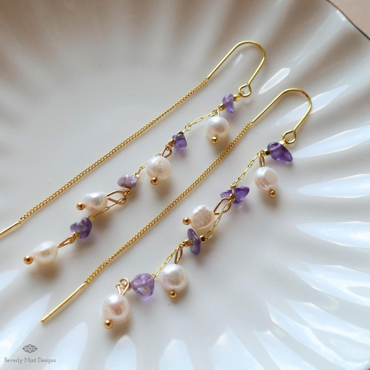 Freshwater Pearl Amethyst Threader Earrings, Natural Freshwater Pearl , Bridal Jewelry, Sensitive Ear & Clip-On Options
