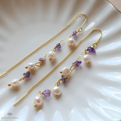 Freshwater Pearl Amethyst Threader Earrings, Natural Freshwater Pearl , Bridal Jewelry, Sensitive Ear & Clip-On Options