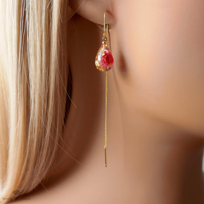 Red Pink Dry Flower Resin Pressed Flower Threader Earrings Floral Drop Earrings Gold Chain Botanical, Sensitive Ear & Clip-On Options