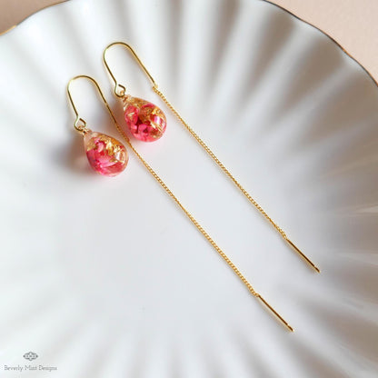Red Pink Dry Flower Resin Pressed Flower Threader Earrings Floral Drop Earrings Gold Chain Botanical, Sensitive Ear & Clip-On Options
