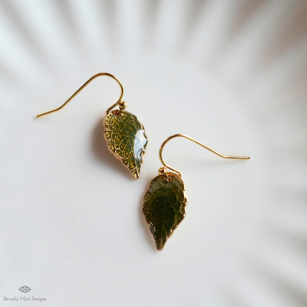 Green Leaf Earrings, Gold Botanical Dangles, Nature Inspired Jewelry, Lightweight Hook Earrings, Garden, Sensitive Ear & Clip-On Options