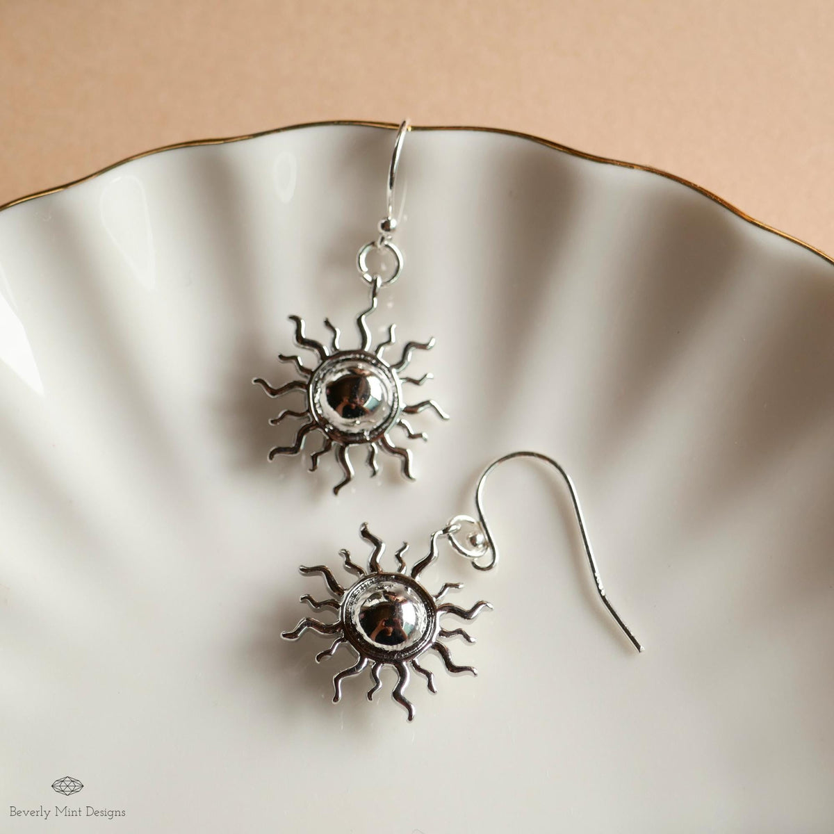 Silver Sun Earrings, Boho Sun Earrings, Bohemian Style Earrings, Silver Sunburst Dangle Earrings, Sensitive Ear & Clip-On Options
