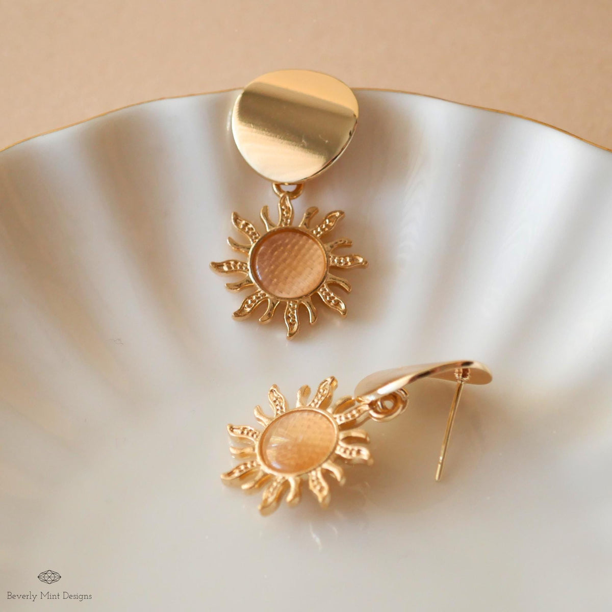 Gold Sun Earrings, Gold Sunburst Boho Style Earrings 18K Gold Disc Earrings, Bohemian Jewelry, Sensitive Ear & Clip-On Options