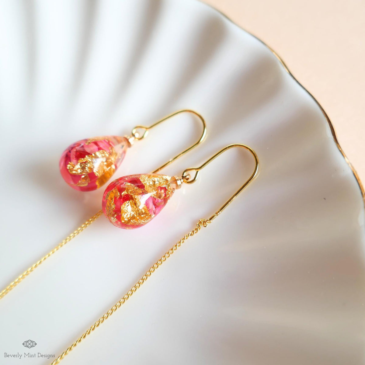 Red Pink Dry Flower Resin Pressed Flower Threader Earrings Floral Drop Earrings Gold Chain Botanical, Sensitive Ear & Clip-On Options