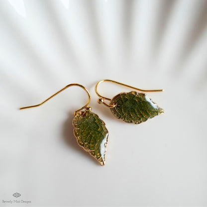 Green Leaf Earrings, Gold Botanical Dangles, Nature Inspired Jewelry, Lightweight Hook Earrings, Garden, Sensitive Ear & Clip-On Options