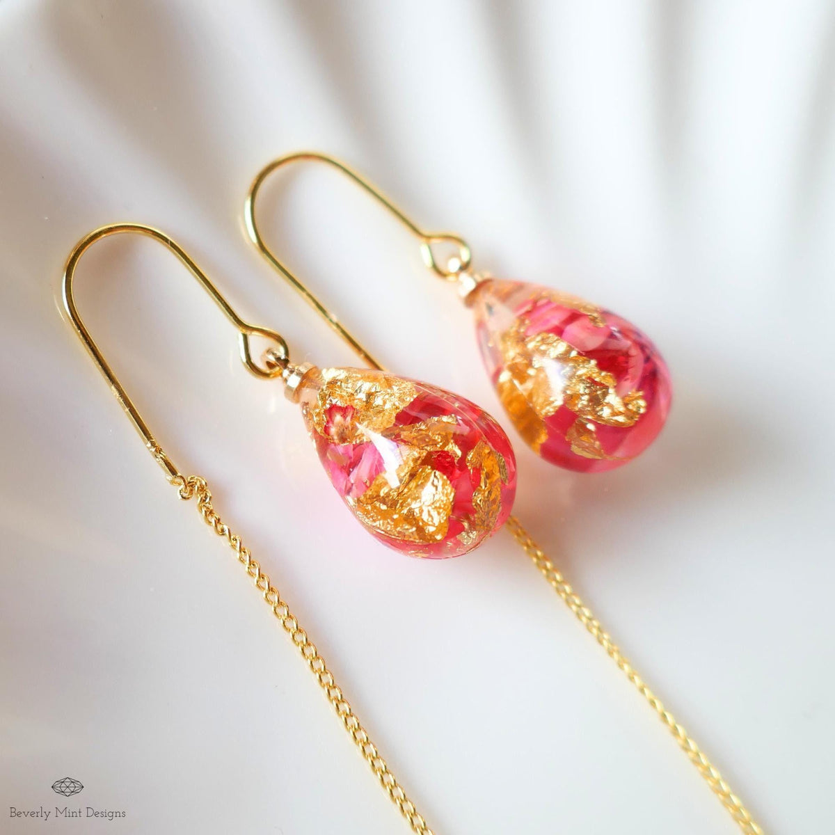 Red Pink Dry Flower Resin Pressed Flower Threader Earrings Floral Drop Earrings Gold Chain Botanical, Sensitive Ear & Clip-On Options