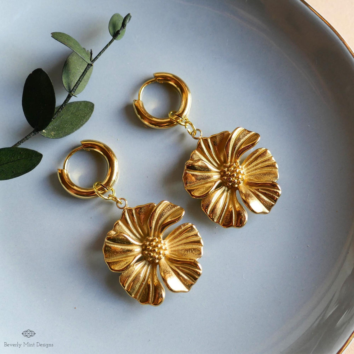 Gold Flower Statement Earrings, Elegant Weighty Floral Earrings, Bold Dangle Earrings with Heft,  Nature Inspired Jewelry