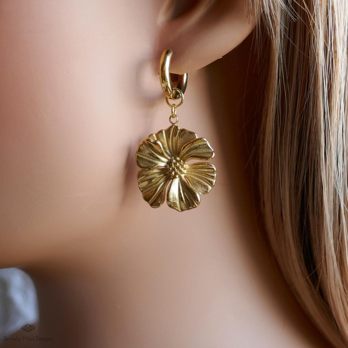 Gold Flower Statement Earrings, Elegant Weighty Floral Earrings, Bold Dangle Earrings with Heft,  Nature Inspired Jewelry