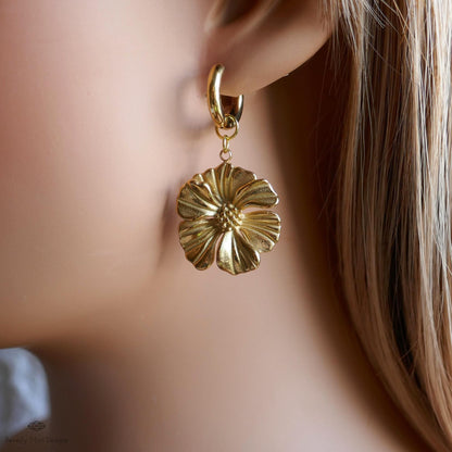 Gold Flower Statement Earrings, Elegant Weighty Floral Earrings, Bold Dangle Earrings with Heft,  Nature Inspired Jewelry