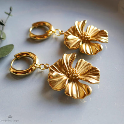 Gold Flower Statement Earrings, Elegant Weighty Floral Earrings, Bold Dangle Earrings with Heft,  Nature Inspired Jewelry