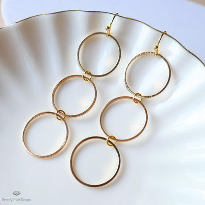 Gold Hoop Dangle Earrings, Long Circle Drop Earrings, Lightweight Geometric Statement Jewelry, Sensitive Ear & Clip-On Options