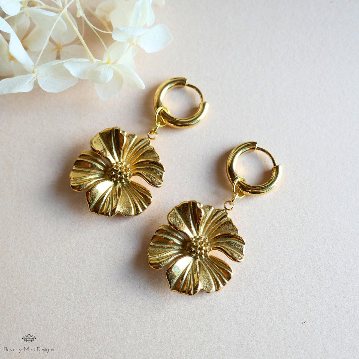 Gold Flower Statement Earrings, Elegant Weighty Floral Earrings, Bold Dangle Earrings with Heft,  Nature Inspired Jewelry