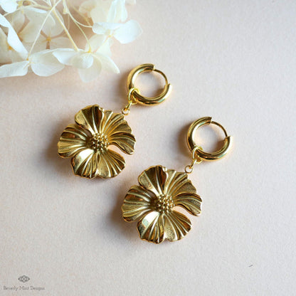 Gold Flower Statement Earrings, Elegant Weighty Floral Earrings, Bold Dangle Earrings with Heft,  Nature Inspired Jewelry