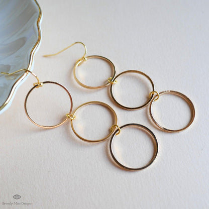 Gold Hoop Dangle Earrings, Long Circle Drop Earrings, Lightweight Geometric Statement Jewelry, Sensitive Ear & Clip-On Options