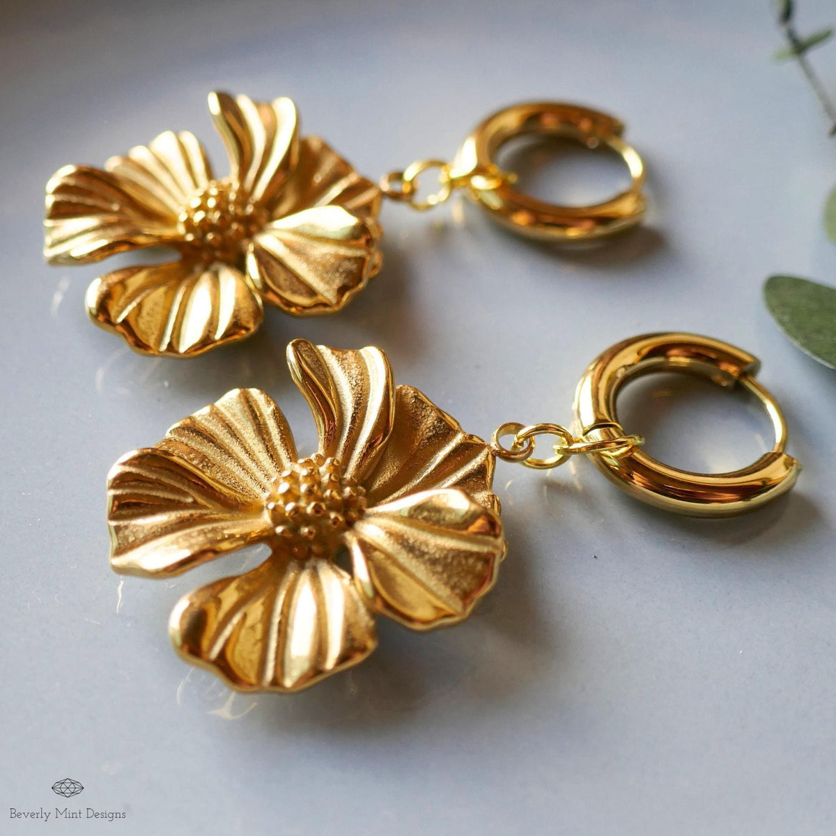 Gold Flower Statement Earrings, Elegant Weighty Floral Earrings, Bold Dangle Earrings with Heft,  Nature Inspired Jewelry
