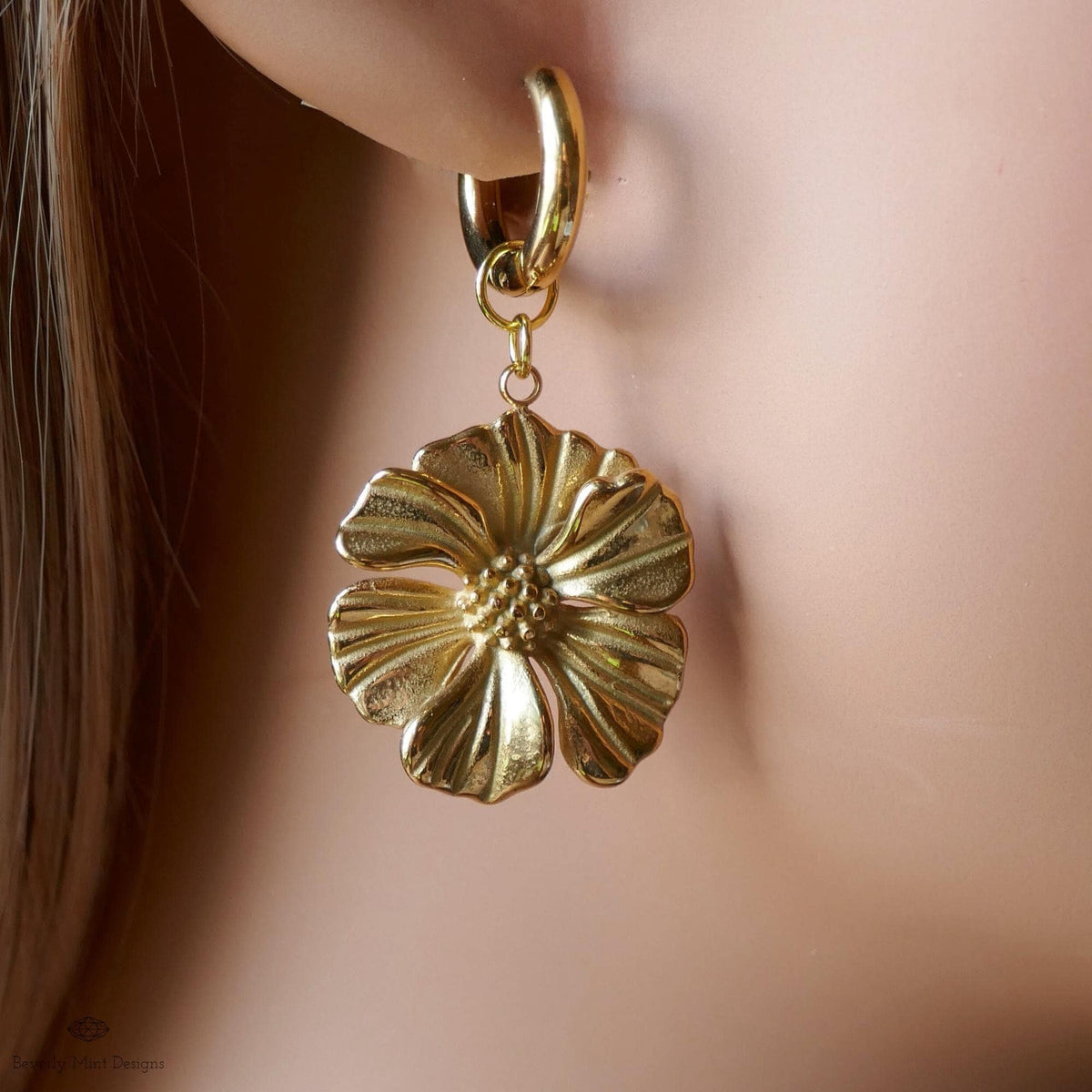 Gold Flower Statement Earrings, Elegant Weighty Floral Earrings, Bold Dangle Earrings with Heft,  Nature Inspired Jewelry