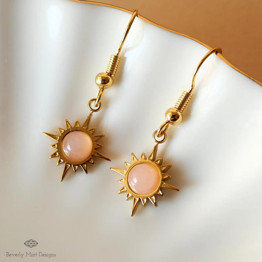 Sun Earrings ,Boho Sun Earrings 18K Gold Plated Small Earrings, Pink Earrings , Boho Style Earrings, Sensitive Ear & Clip-On Options