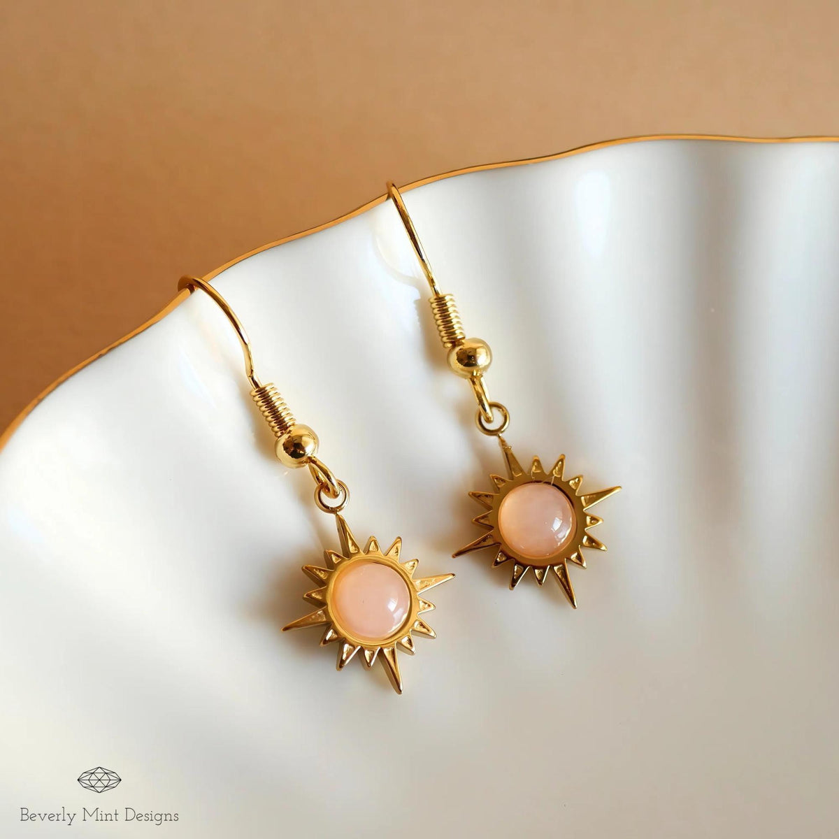 Sun Earrings ,Boho Sun Earrings 18K Gold Plated Small Earrings, Pink Earrings , Boho Style Earrings, Sensitive Ear & Clip-On Options