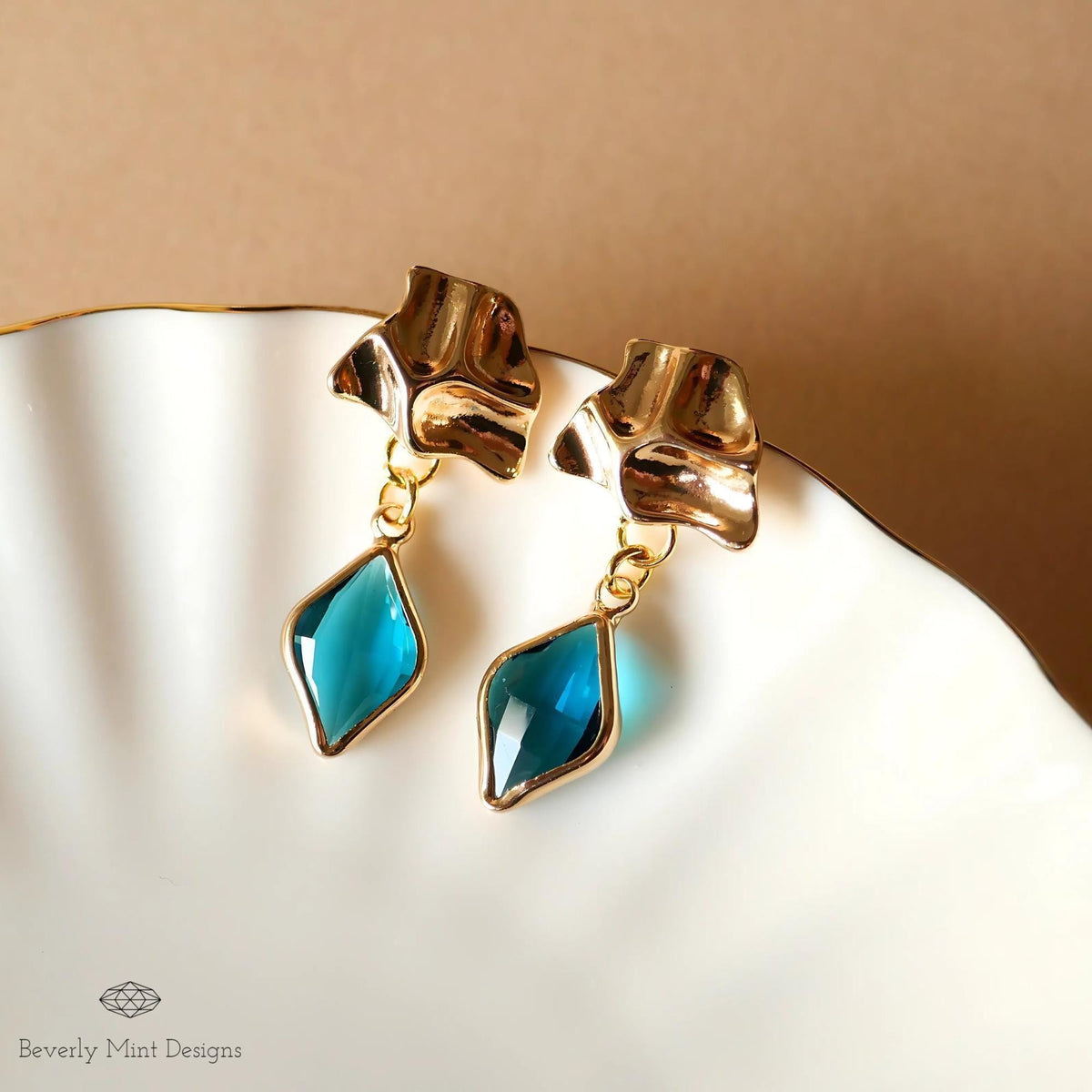 Gold Sculptural Earrings, Blue Stone Dangle Earrings, Modern Statement Jewelry for Women