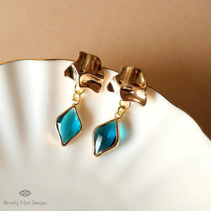 Gold Sculptural Earrings, Blue Stone Dangle Earrings, Modern Statement Jewelry for Women