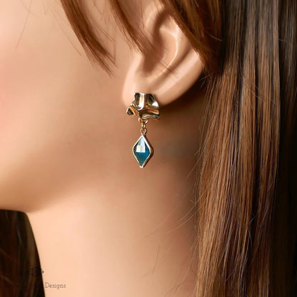 Gold Sculptural Earrings, Blue Stone Dangle Earrings, Modern Statement Jewelry for Women