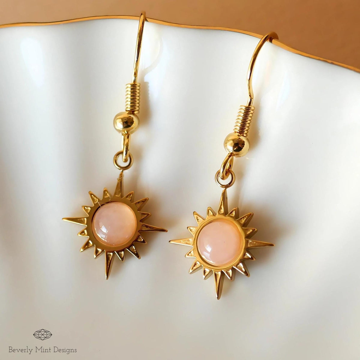 Sun Earrings ,Boho Sun Earrings 18K Gold Plated Small Earrings, Pink Earrings , Boho Style Earrings, Sensitive Ear & Clip-On Options