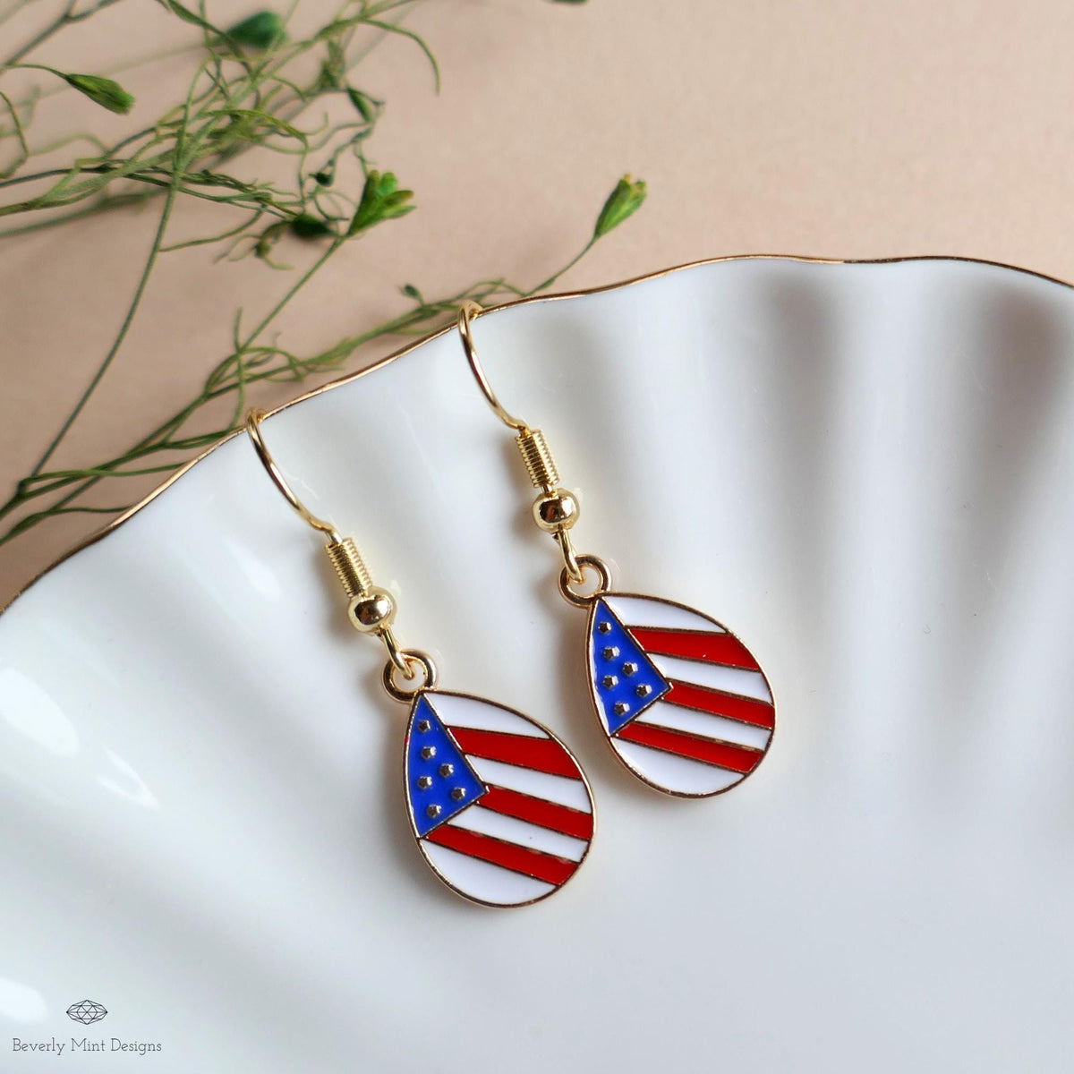 Teardrop Patriotic USA Flag Earrings, Red White Blue Dangle Jewelry, USA 4th of July Earrings, Sensitive Ear & Clip-On Options