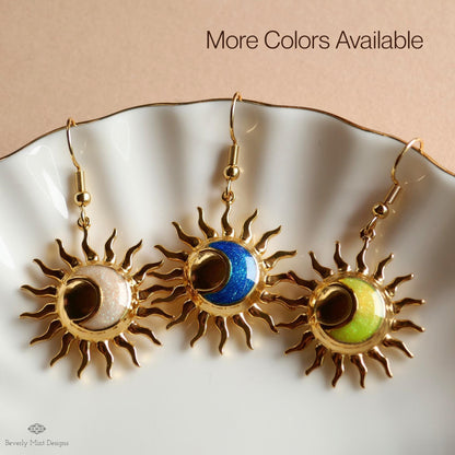 Gold Sun and Moon Earrings, Celestial Dangle Earrings, Boho Cosmic Jewelry, Minimalist Festival Accessories, Sensitive Ear & Clip-On Options